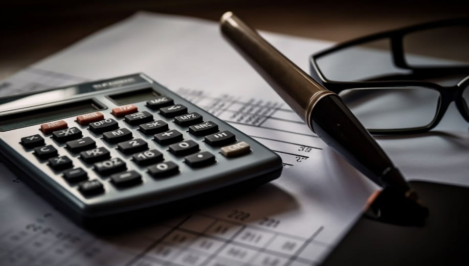 uma mesa com caneta, óculos, calculadora e papeis para gestão de despesas corporativas