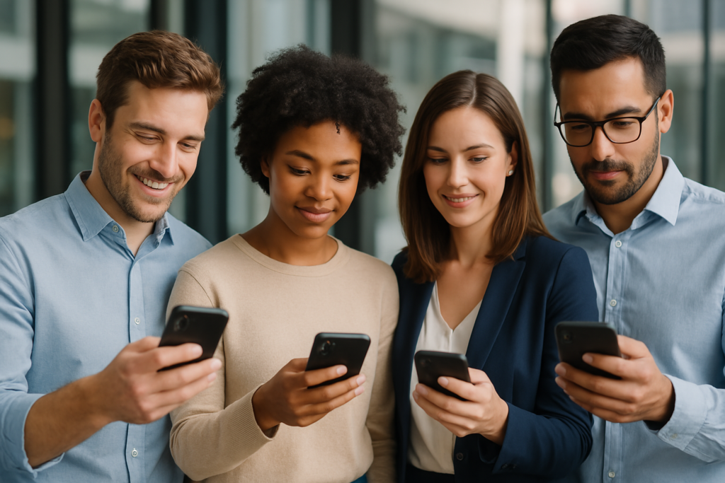 Grupo de pessoas usando aparelho celular vestindo roupas sociais, simbolizando um dos tipos de aparelho que podem ser controlados e rastreados pelo mdm.